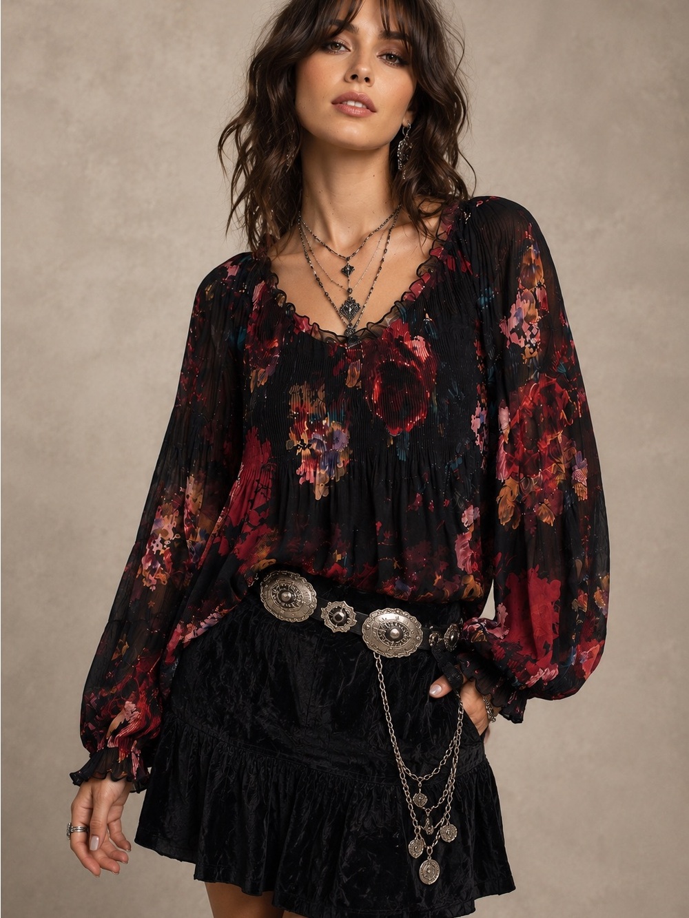 Melissa Paige Dark Floral Pleated Peasant Blouse S, Whimsigoth Romantic Witchy - Picture 1 of 8